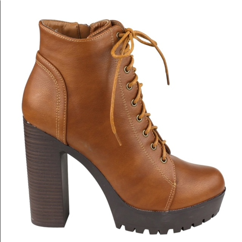 Tan lace up chunky platform ankle boots - Picture 4 of 5